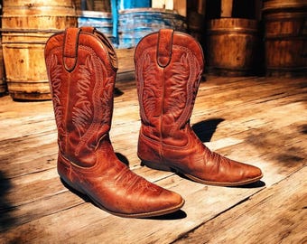 Brown Leather Cowboy Boots with decorative stiching