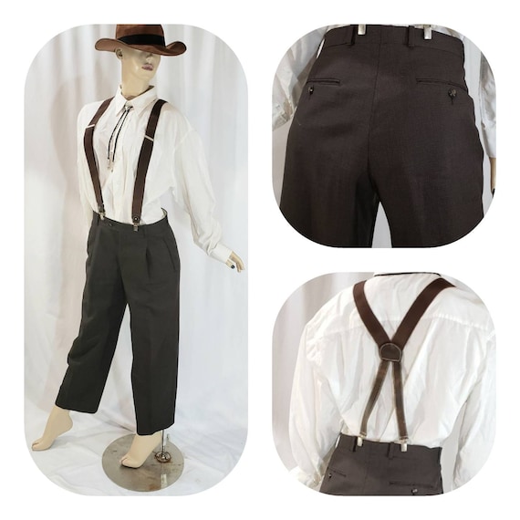 Brown Tweed Western Cosplay Pants With Suspenders
