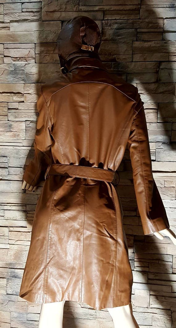 Camel Brown Leather Coat , Zipper Closure Trench Coat Gem