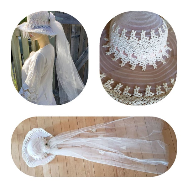 1970s Hippie Boho Bridal Wide Brim Hat with Veil