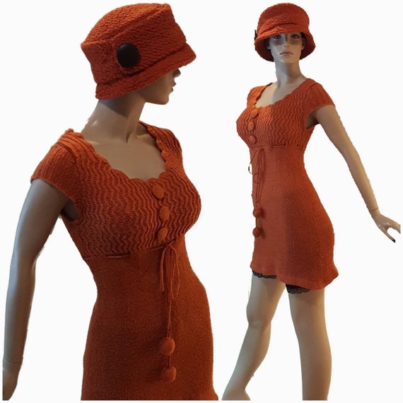 Orange 50s Style Winter Cloche Pillbox Hat - image 1