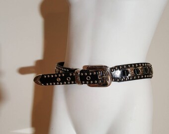 Black studded leather belt /Western belt /Silver plated leather belt/black cowboy belt/size 28/country fashion/cowgirl/vintage belt