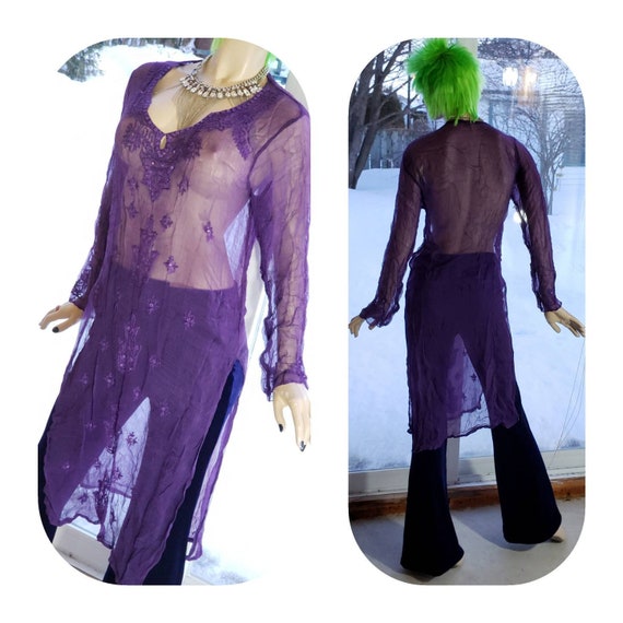 Purple Transparent Embroidered Tunic Dress