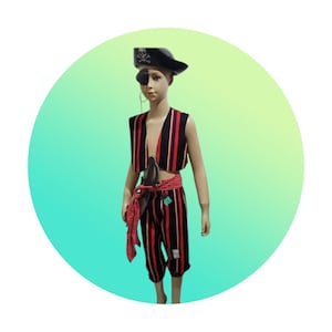 May include: A pirate costume on a mannequin featuring a black hat with a white skull and crossbones, a black eye patch, and a sleeveless vest with vertical red, black, and yellow stripes. Includes matching striped pants and a red polka dot sash.