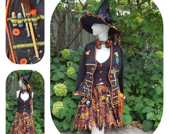 Herbal Witch Costume , Halloween Party Wear ,Complete Costume, Witch Hat, Blazer, Vest, Bowtie,  Skirt
