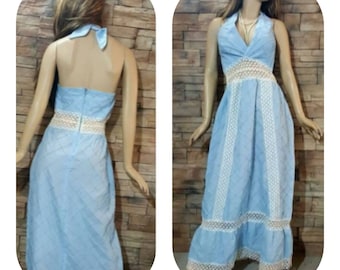Blue Maxi 70s Halter Dress