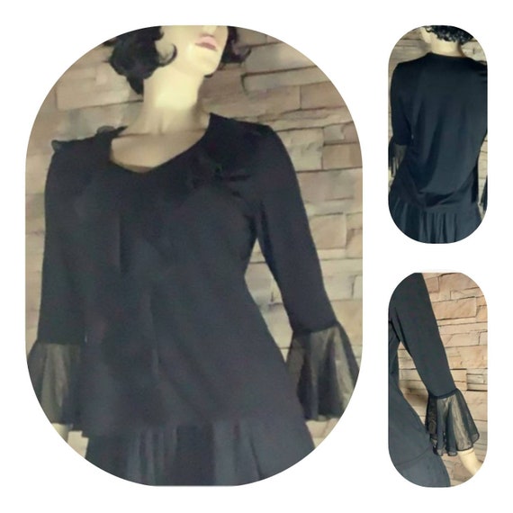 Bell Sleeves Black Ruffle Neck Blouse