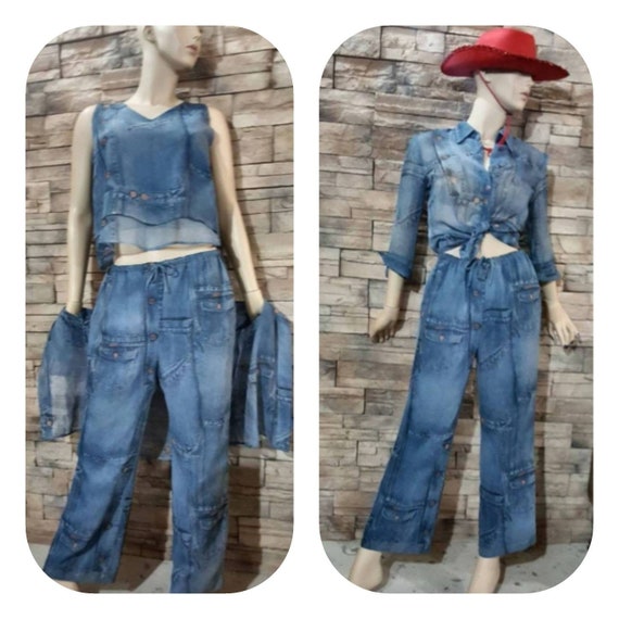 3 Piece Denim Print Set 70s Western