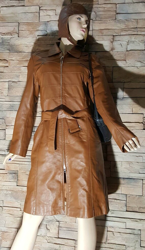 Camel Brown Leather Coat , Zipper Closure Trench Coat Gem