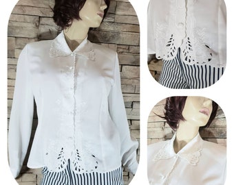White Eyelet Lace Embroidered 70s Blouse