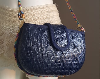 Navy Blue Wicker Box Purse /Cross body Bag