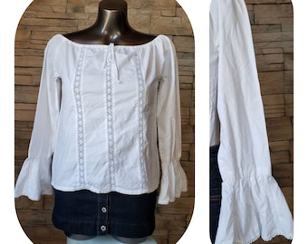 White Cotton Peasant Blouse, Bell Sleeves