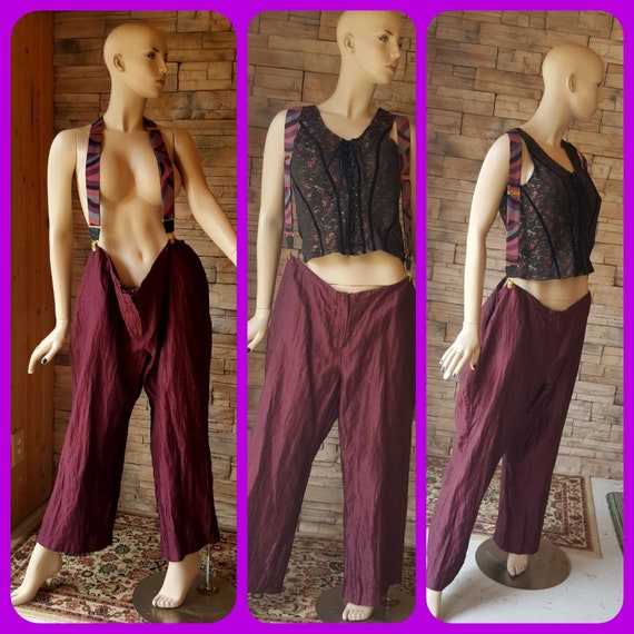 Oversized burgundy pants with suspenders