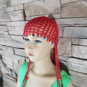 Red Bead Braid Crochet Hat Hippie Bohemian Cleopatra Gatsby Accessories
