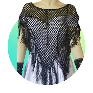 Black Vintage Crocheted Mesh Poncho / Shoulder Cape / Net Caplet