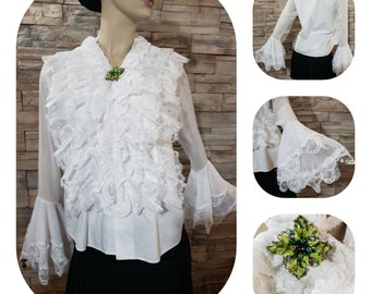 Lace Ruffle Blouse  Bell Sleeves Jabot and Brooch