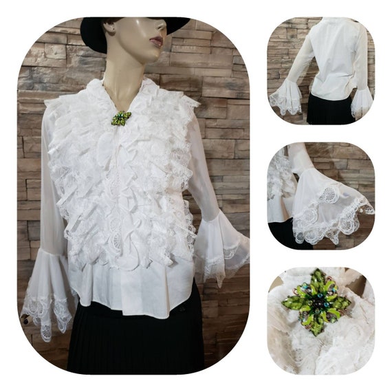 Lace Ruffle Blouse Bell Sleeves Jabot and Brooch