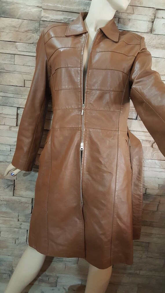 Buy Camel Brown Leather Coat , Zipper Closure Trench Coat Online