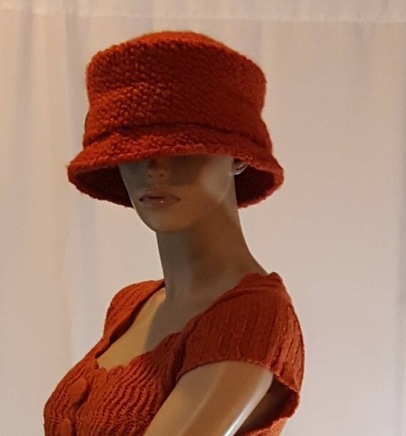 Orange 50s Style Winter Cloche Pillbox Hat - image 6