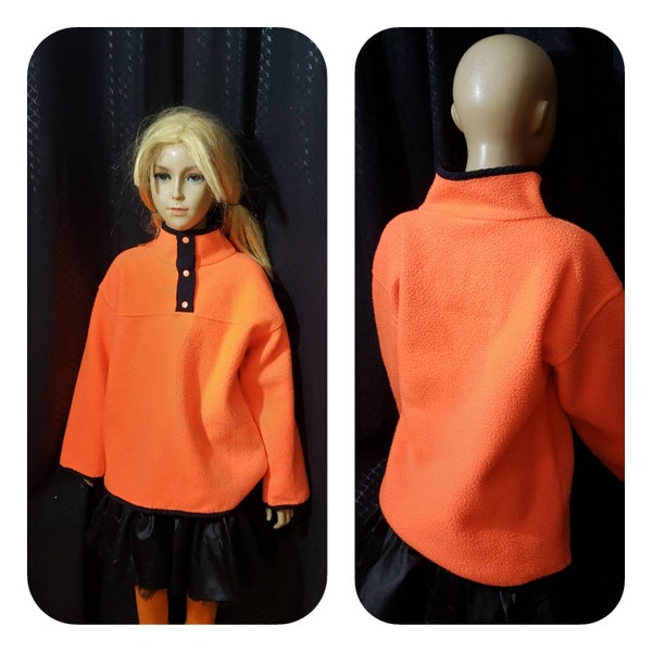 80s Neon Orange Fleece Sweater , Kids Size S