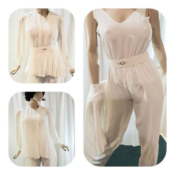 White Chiffon Evening Overalls Blouse Set