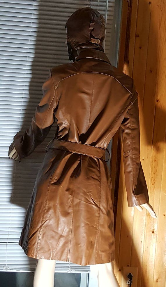 Camel Brown Leather Coat , Zipper Closure Trench Coat Gem