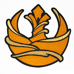 May include: Orange embroidered patch with a stylized design resembling a bird in flight. The patch has a gold outline and is perfect for adding a unique touch to clothing, bags, or other accessories.