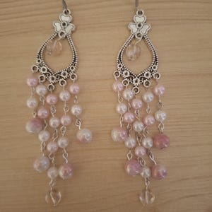 Handmade earrings with white and pink glass pearls