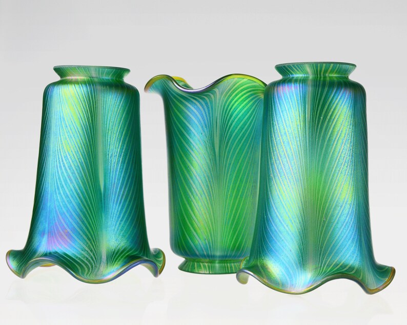 2 25 Fitter Hand Blown Iridescent Glass Lamp Shades Replacement Art Nouveau Arts Crafts Shade Steuben Or Style