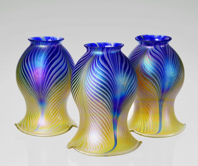 2 25 Fitter Replacement Iridescent Glass Lamp Shades Art Nouveau Tulip Handblown Style Pulled Feather