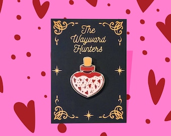Love's Elixir: Pink Heart-shaped Enamel Pin of Enchantment - Love Hard Enamel Pin - Magical Potion Pin