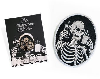 Coffee Addict Pin & Patch Combo -  Skeleton Coffee and Iced Coffee Enamel Pin and Iron-on Patch