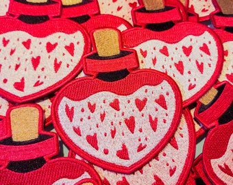 Love's Elixir: Pink Heart-shaped Iron-on Patch of Enchantment - Love Patch - Magical Potion Patch