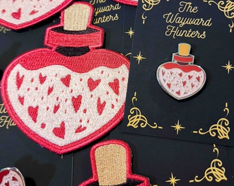 Love's Elixir COMBO: Pink Heart-shaped Enamel Pin and Pa tchof Enchantment - Love Hard Enamel Pin - Magical Potion Pin & Patch Combo