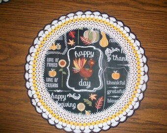 New Handmade Crochet Doily/Thanksgiving/Fall Decor/"Happy Turkey Day"/Pumpkins/Fall Leaves/Chalkboard #126