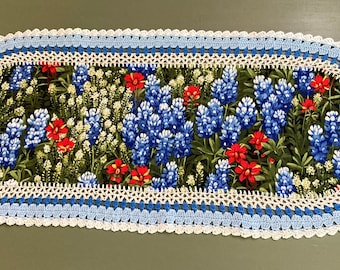 Handmade Table Runner/Crochet Doily--Bluebonnets, Indian Paint Brushes, Texas Wild Flowers #2211