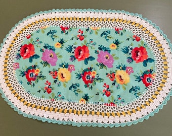 Handmade Oval Crochet Doily--Pioneer Woman Sweet Romance Floral Fabric  #2201