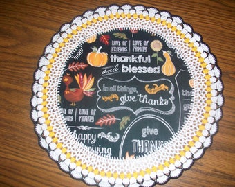 New Handmade Crochet Doily/Thanksgiving/Fall/Thankful & Blessed/Love of Friends:Love of Family/In all things, give thanks/Chalkboard #129