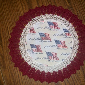 Patriotic Crochet Doily: American Flag, "God Bless America" Center