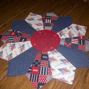 Handmade Quilted Table Topper Patriotic, USA, Red, white and blue with red Doily Center #1028