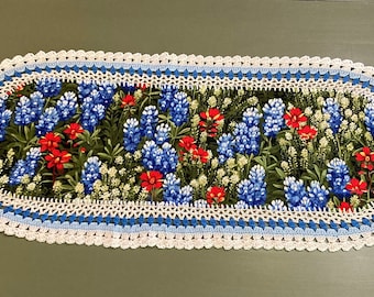 Handmade Table Runner/Crochet Doily--Bluebonnets, Indian Paint Brushes, Texas Wild Flowers #2212