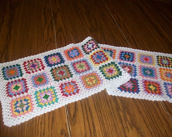 New Handmade Crochet Granny Square Multi-Color and White or Ecru Doily/Table Runner #3004