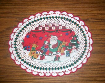 New Handmade Crochet Doily/Christmas Santa and his Sleigh with Reindeer and Snowman