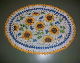 Handmade Oval Crochet Doily--Sunflowers and Butterflies #2162