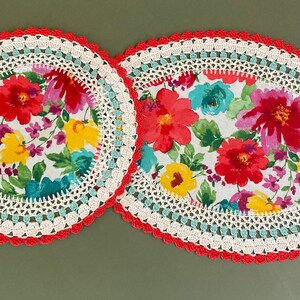 Set of 2 Crochet Doilies--Pioneer Woman Breezy Blossom Fabric  #2216