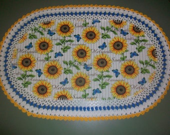 Handmade Large Oval Crochet Doily--Sunflowers and Butterflies #2159