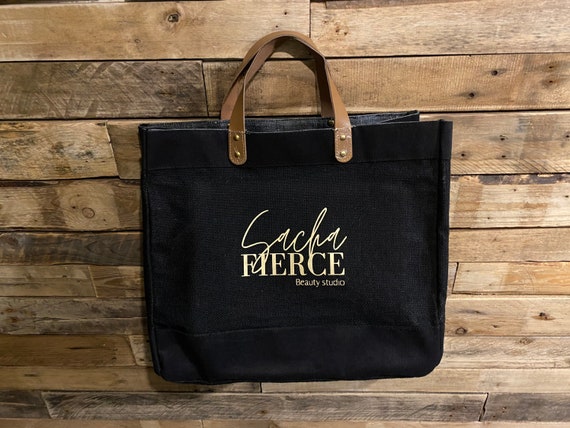 personalised black and leather jute shopper