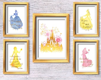 Disney poster Set of 5 Disney princess print Nursery art Disney wall decor Playground decoration Real foil poster Girls room wall art G424