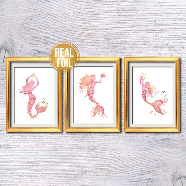 Mermaid poster Set of 3 Mermaid print Mermaid wall decor Real foil poster Nursery art Pink wall hanging Girls room decor Nautical art G439