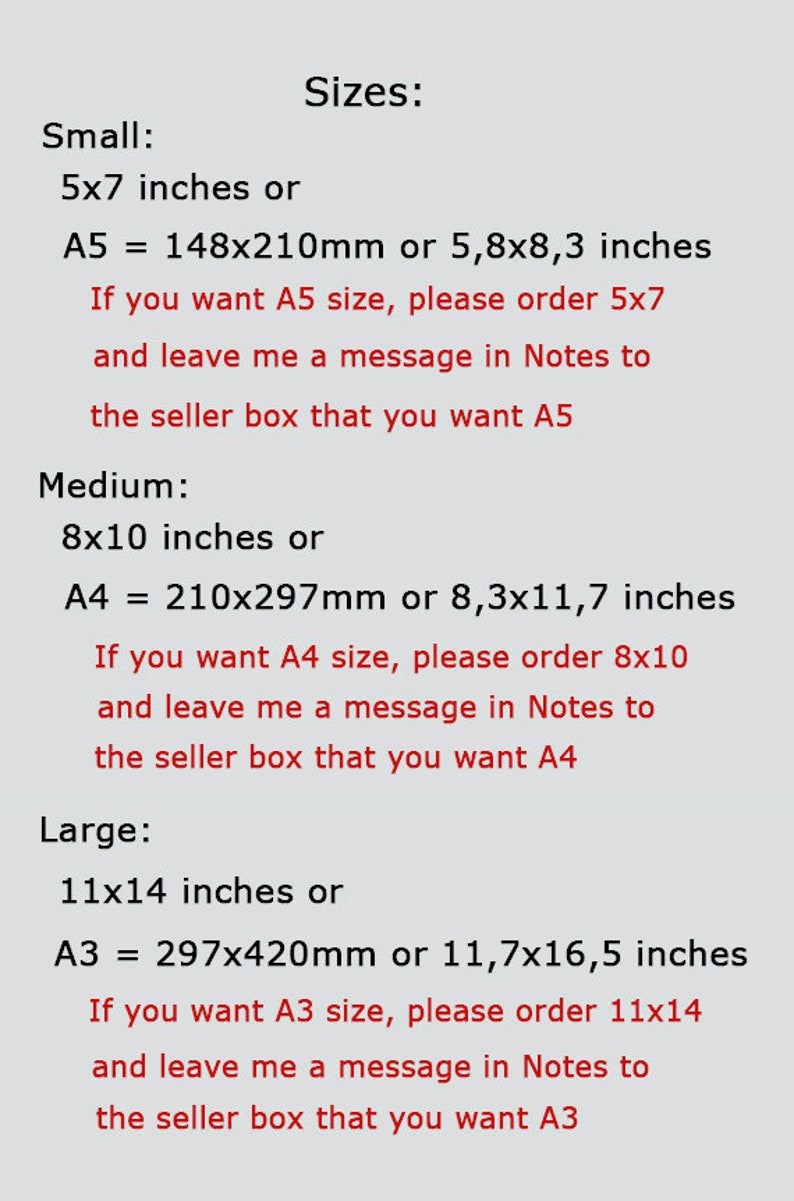 May include: A chart showing different sizes for prints, including inches and millimeters. Small size is 5x7 inches or 148x210mm, medium size is 8x10 inches or 210x297mm, and large size is 11x14 inches or 297x420mm.
